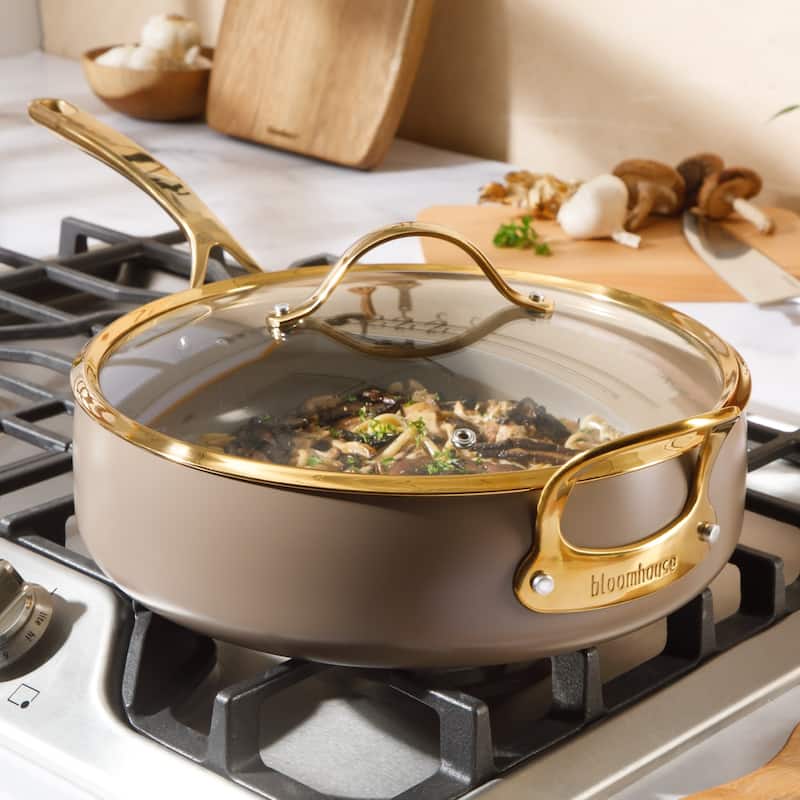 Bloomhouse Pots and Pans Heavy Duty Aluminum Premium PFA Free Ceramic Nonstick - Cappucino Cream with Gold Handle