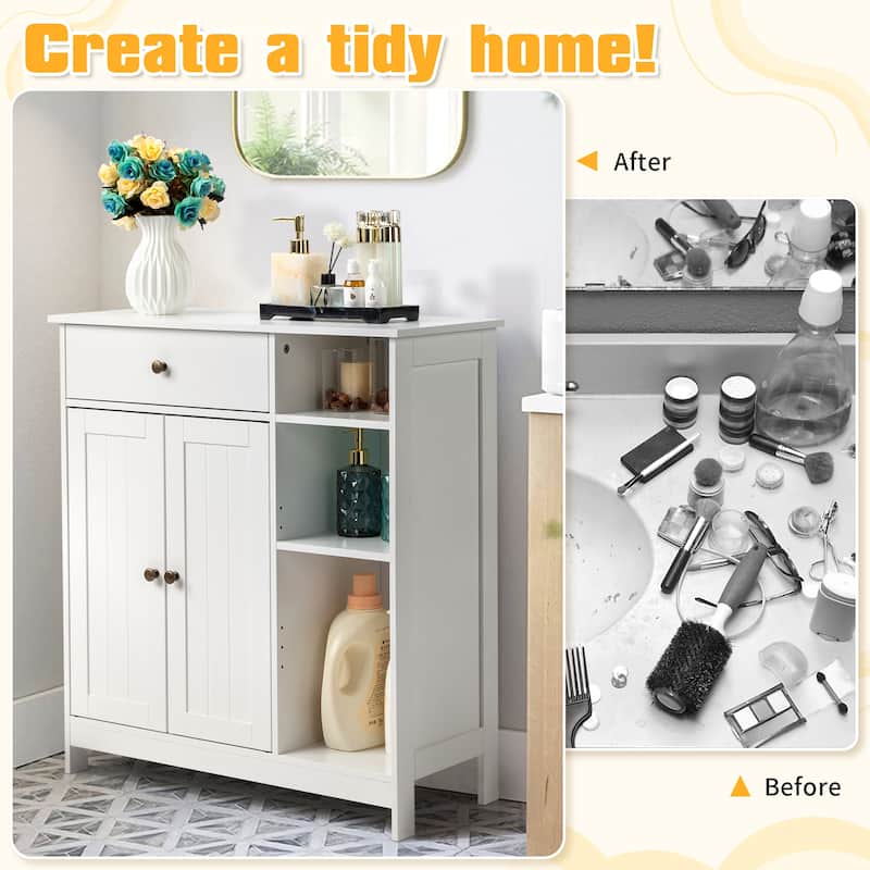 Freestanding White MDF Bathroom Storage Cabinet with Drawer and 2 Adjustable Shelves for Small Essential