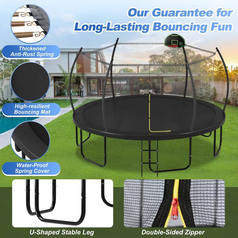 16FT Trampoline with Basketball Hoop for Kids and Adults, Round Outdoor Trampoline with Enclosure Net & Curved Poles & Ladder