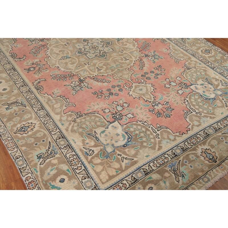 Pink Floral Tabriz Persian Area Rug Hand-Knotted Wool Carpet - 6'5"x 9'11"