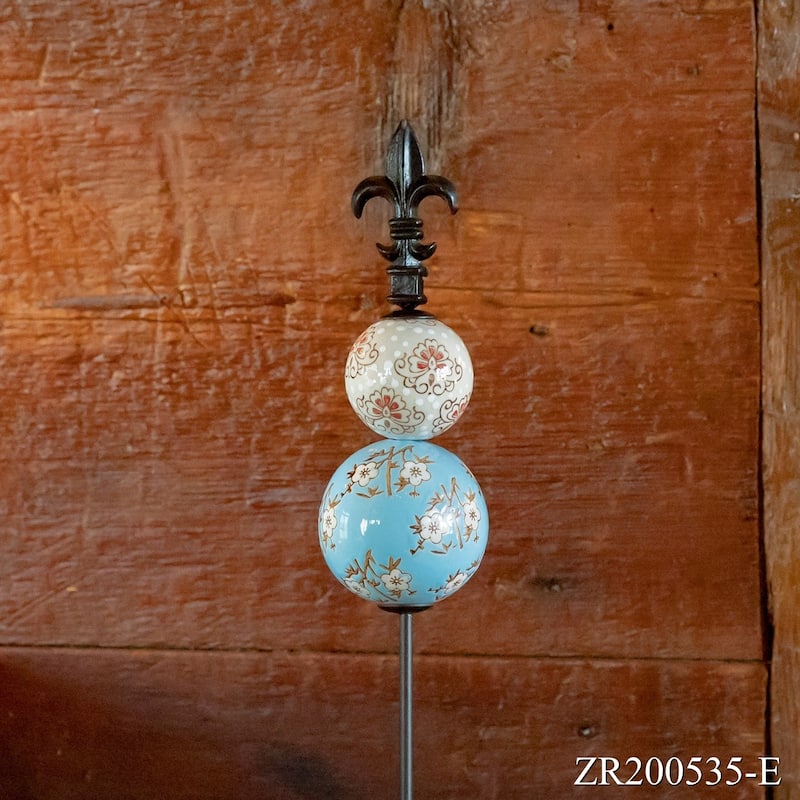 51.5" Tall Iron Garden Stake with Finial and Ball in Beige/Light Blue