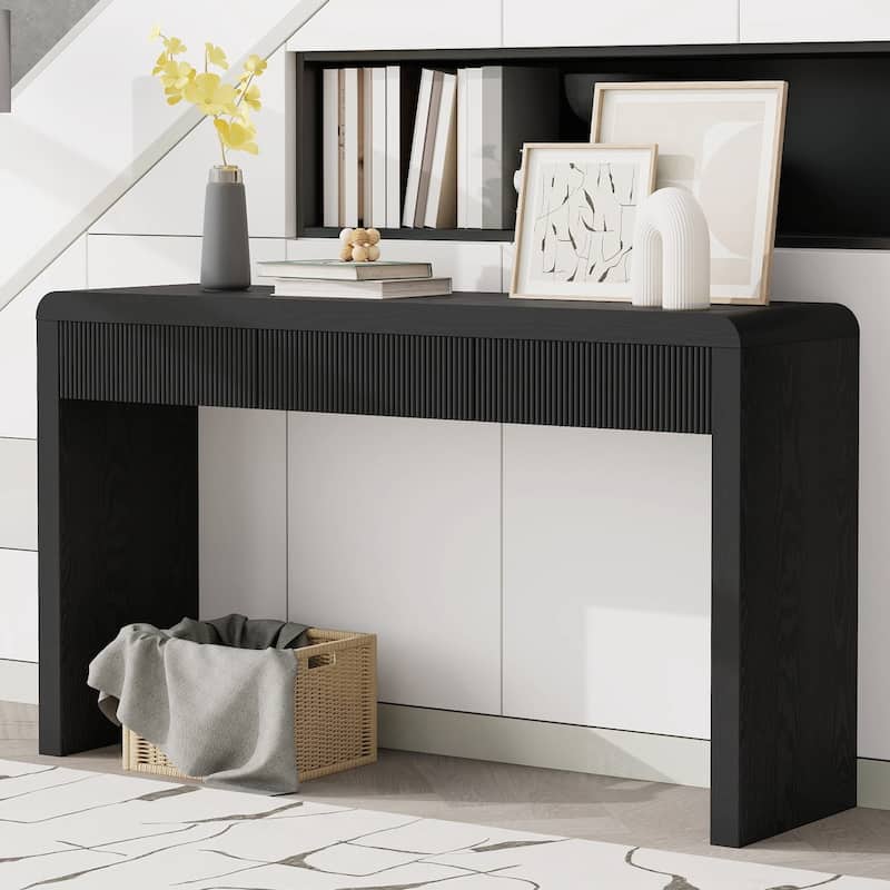 Console Table with 3 Fluted Drawers - Solid Wood Veneer Entryway Table Featuring Natural Wood Grain for Living Room, Hallway