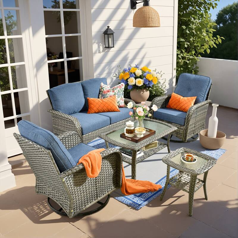 OVIOS 5 Piece Outdoor Wicker Loveseat Rocking Chair Set - Denim Blue