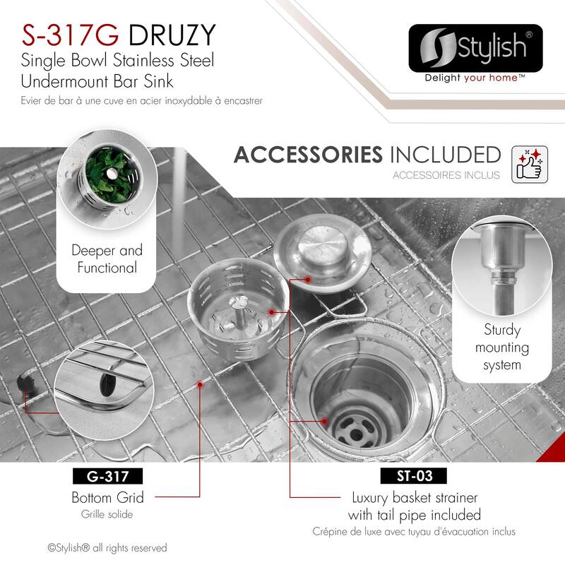 Stylish Undermount 15" Single-Bowl Stainless Steel Bar Sink S-317G - 15" x 15" x 8"