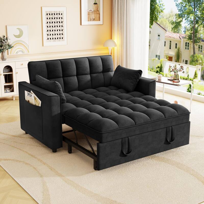 Anmytek Modern Velvet Small Loveseat Pull Out Sleeper Sofa Bed with Pillows and Side Pockets - Black