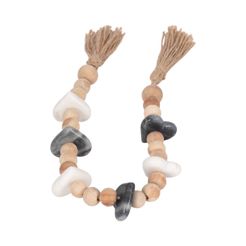 Decorative Acacia Wood Beaded Garland with Marble Heart Accents