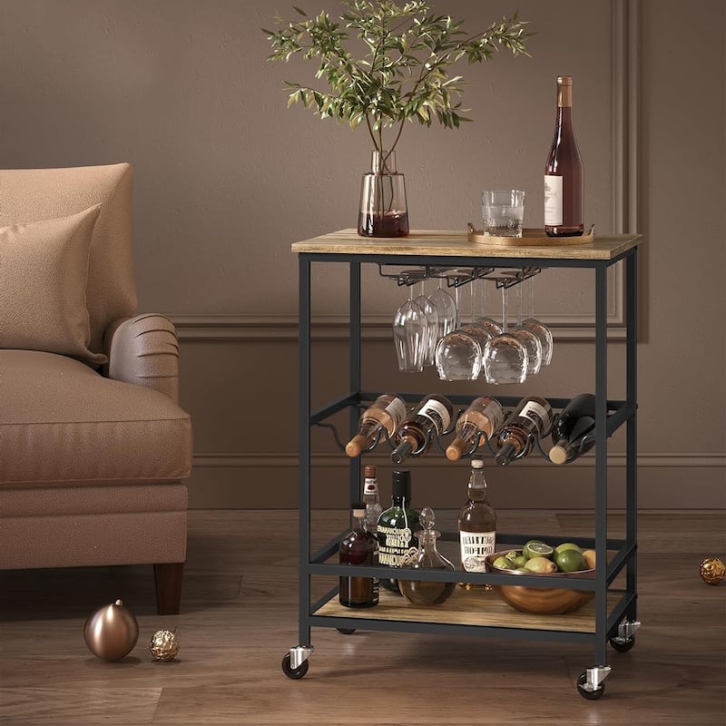 Industrial Bar Serving Cart with Casters, Glass Holders, Wine Holders