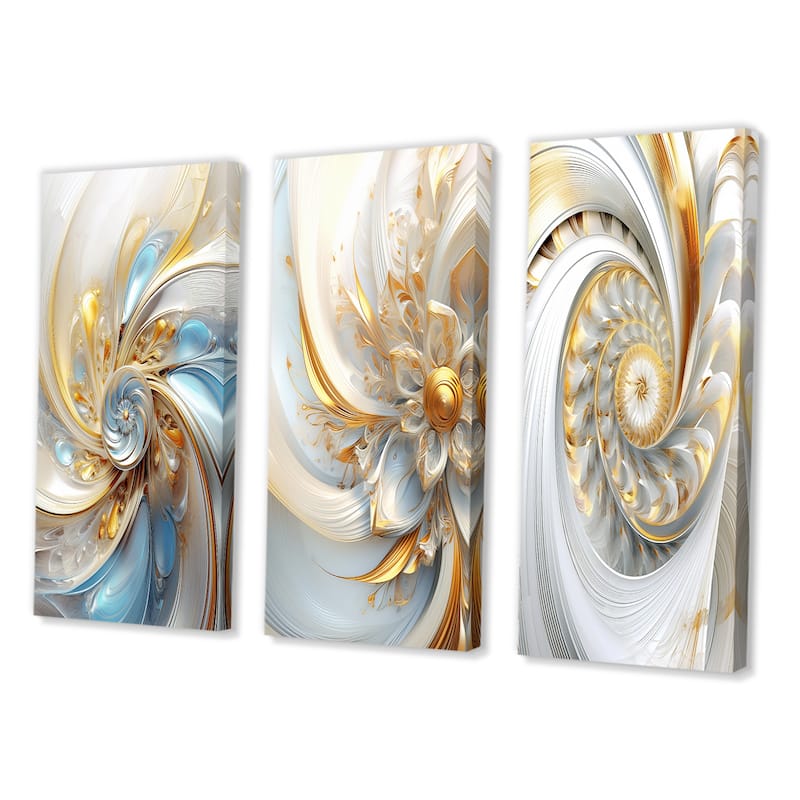 Designart "Whirling While Glam Fractals In Gold And White V" Fractals Wall Art Set Of 3 Canvas Set For Living Room Decor