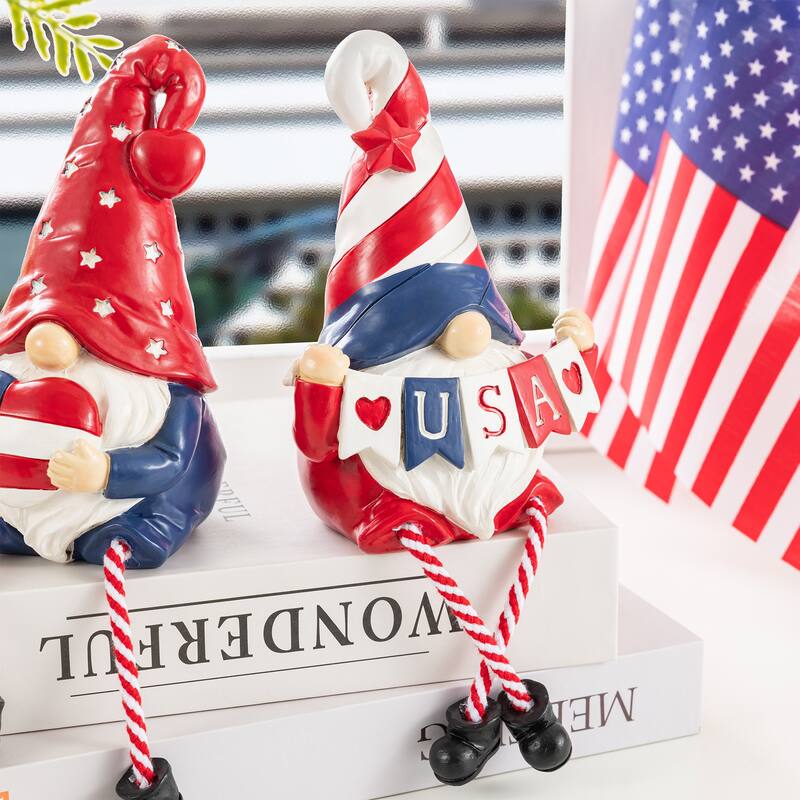 Glitzhome Set of 2 Patriotic/ Americana Polyresin Gnome with Dangling Legs Table Decor