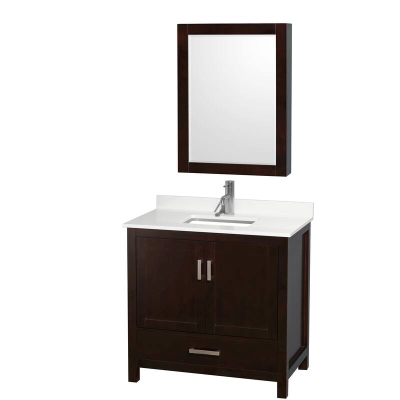 Sheffield 36-inch Single Vanity, Single Hole Quartz Top, Med Cabinet - Espresso, Chrome Trim, White Quartz Top