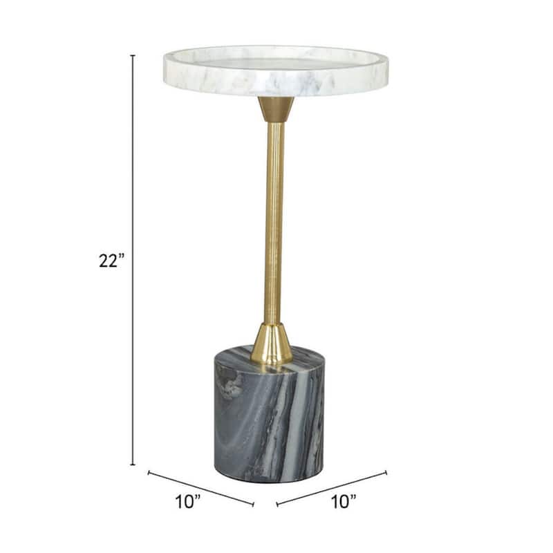 22" Modern White Round Marble Top End Table with Grey Gold Pedestal Base for Living Room or Bedroom - 10”L x 10”W x 22”H