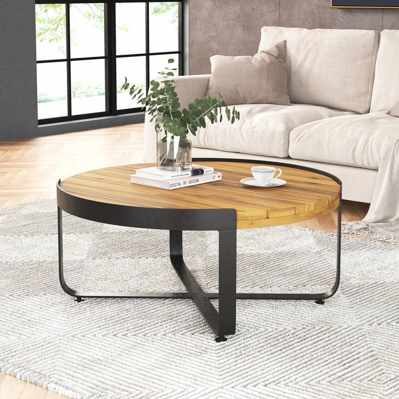 Roomfitters Modern Round Coffee Table with Teak-Style Wood Surface and Sleek Metal Base, Teak