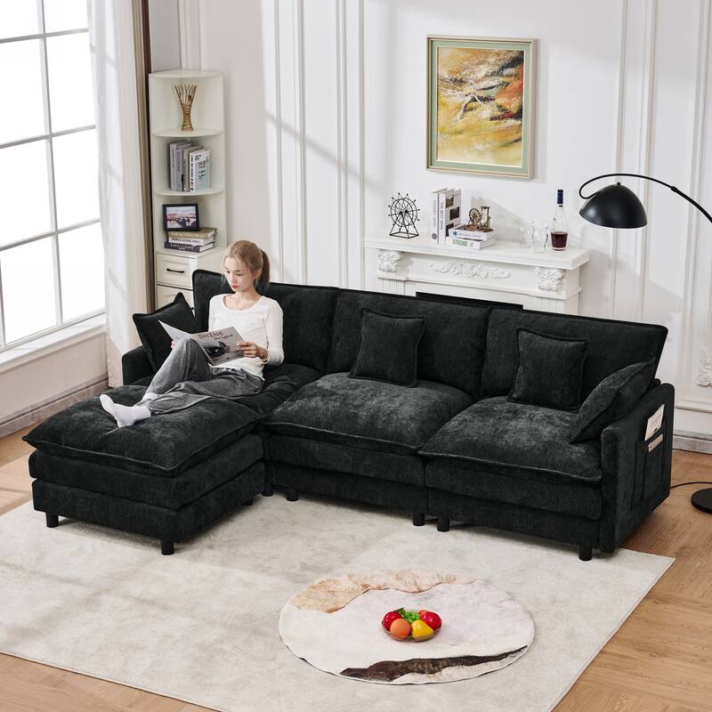 L-Shaped Modular Sectional Sofa with Movable Storage Ottoman, Comfy Cashmere Deep Seat Cloud Couch, Lounge Sofa with Pillows