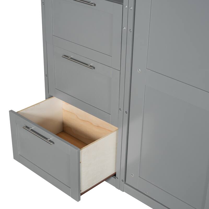 Space-Saving Queen Murphy Bed with Closet, Drawers & Shelves in Gray/White
