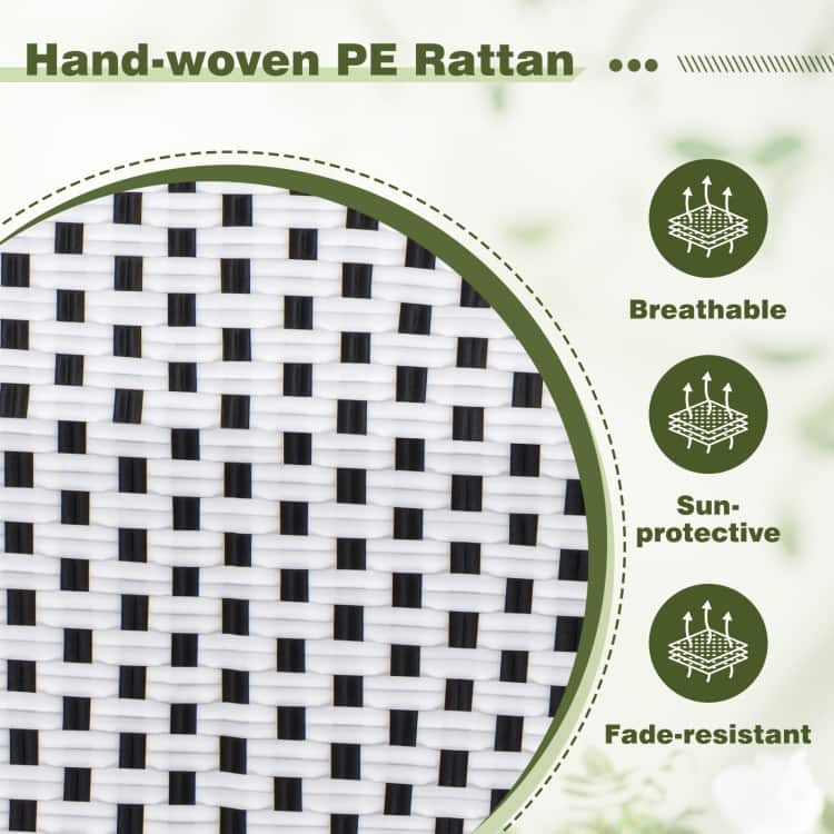 3 Piece Black-White PE Rattan Metal Patio Bistro Set with Ergonomic Chairs - Chair: 22” x 16” x 35”
