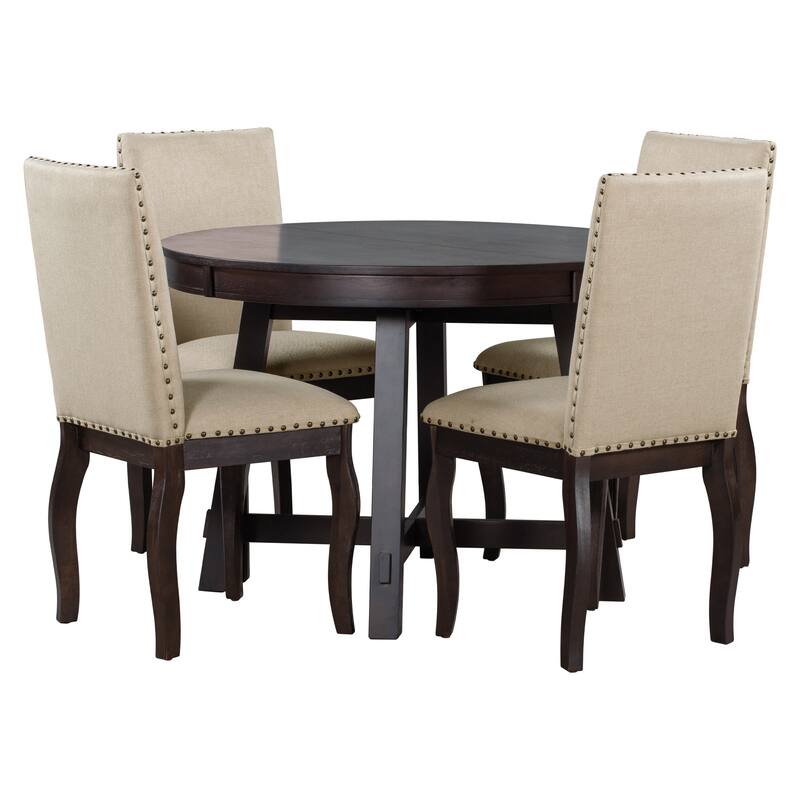 5-Piece Farmhouse Dining Table Set Wood Round Extendable Dining Table and 4 Upholstered Dining Chairs