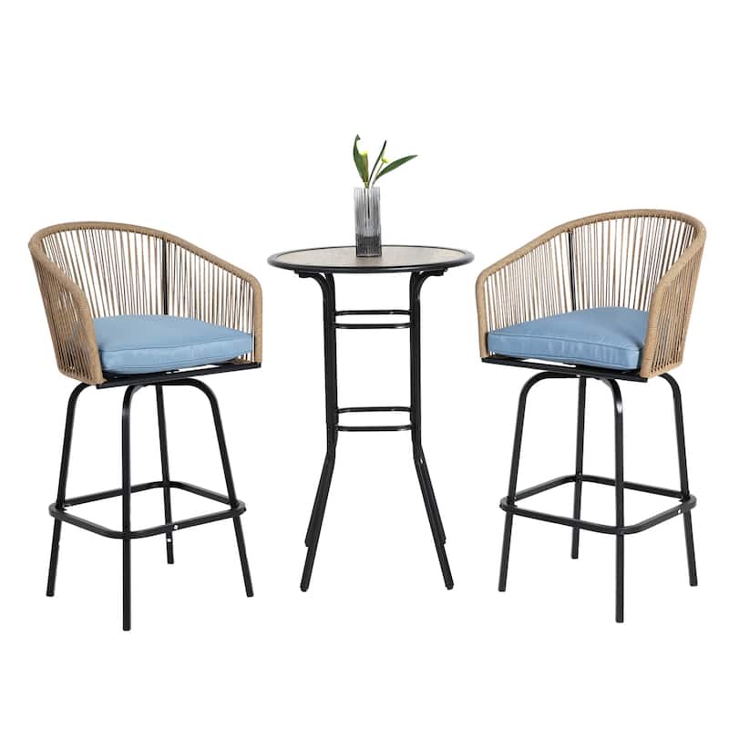 Patio Bar Table and Swivel Chairs Set with Metal Frame (Set of 3)