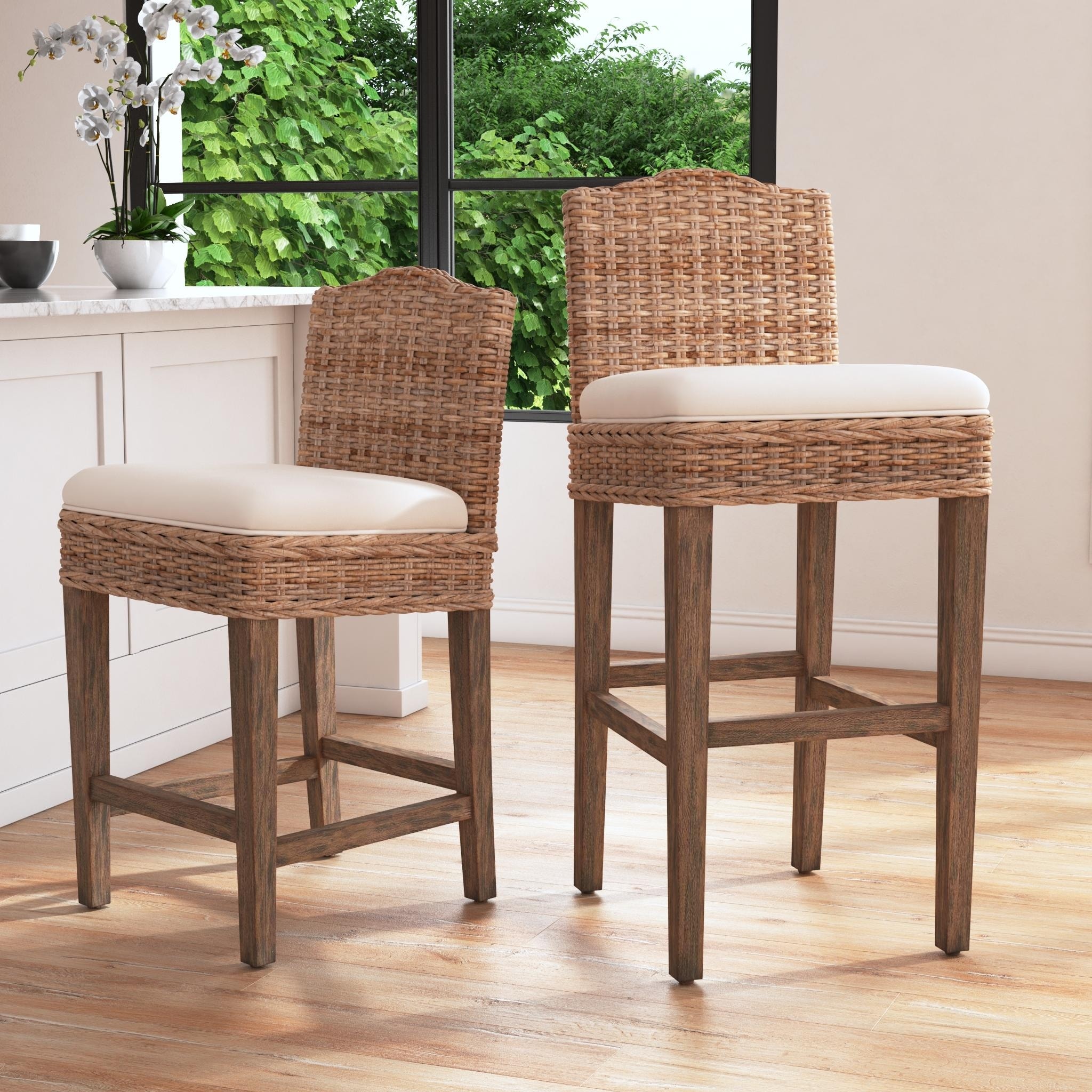 Duvall Grey Washed Rattan Cushioned Stool by East at Main