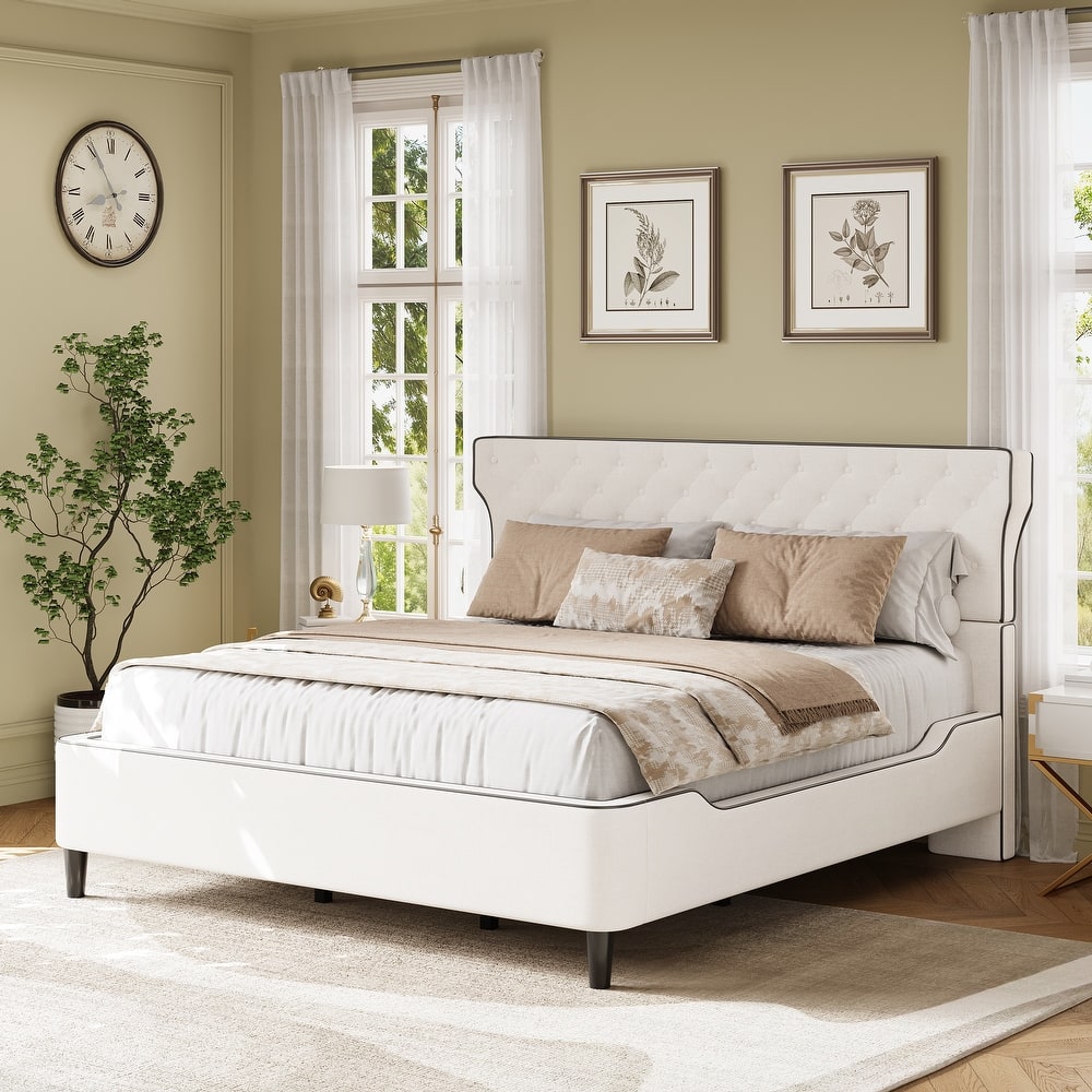 Christopher Knight Home - Aveline Modern Upholstered Platform Bed with Curved Back Headboard and Button Tufted Design