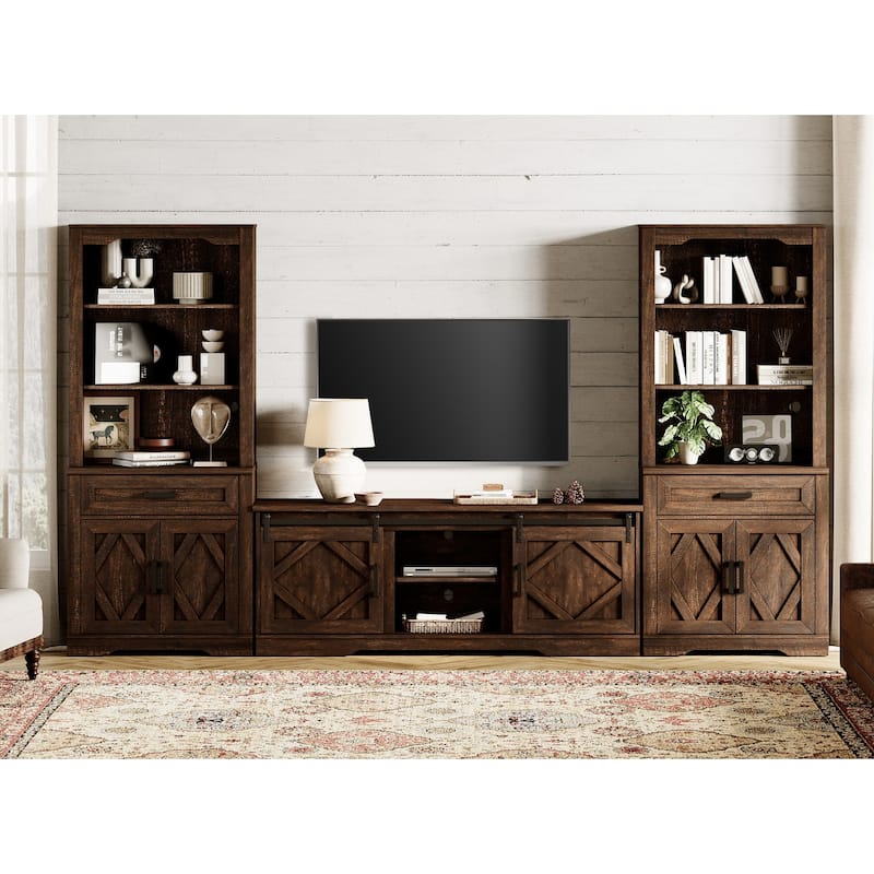 Modern Farmhouse TV Stand with Bookcase for 65" 75" TV with Barn Door for Living Room, Bedroom & Home Office - Dark Brown
