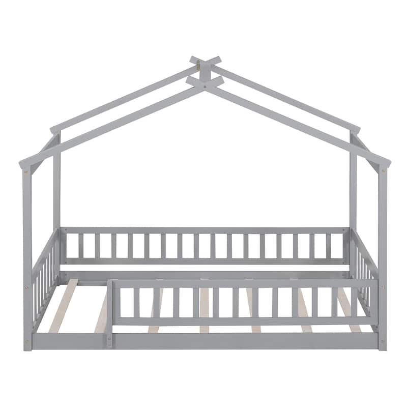 Twin Size Wood Bed House Bed Frame with Fence
