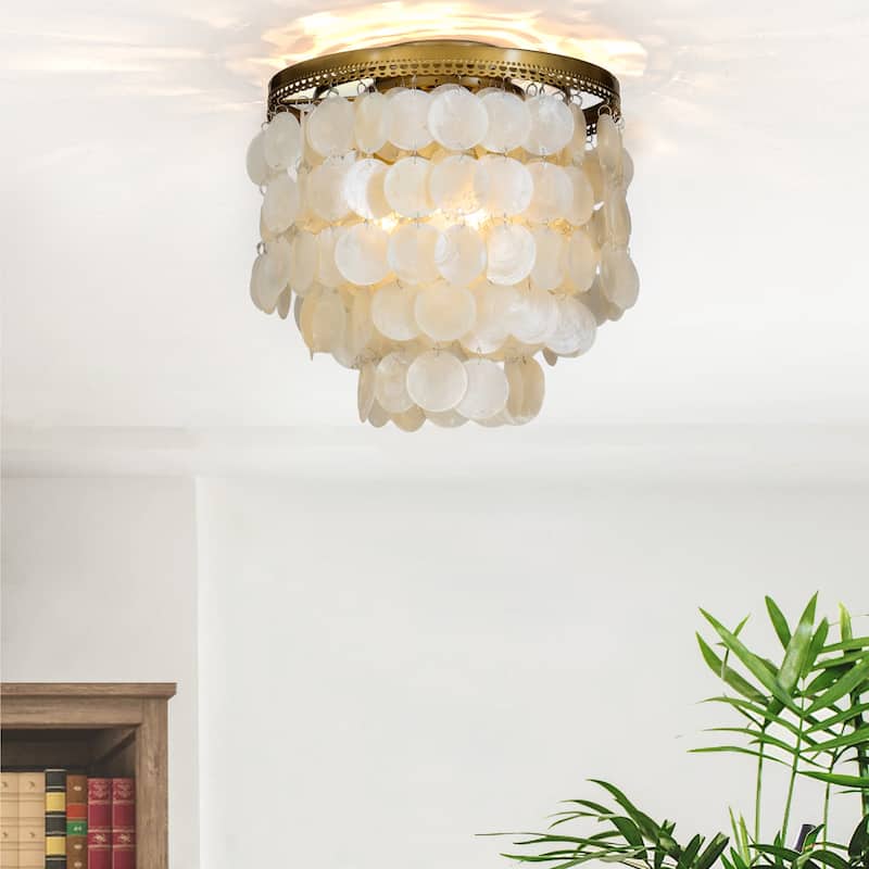 3-Light 13" Indoor Capiz Shell Flush Mount Ceiling Light Coastal Seashell Chandelier - Painted Brass