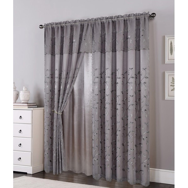 Lucia Embroidered Panel with Attached Valance & Backing, 54x84+18 Inches, 2-Pack - 54" x 84" + 18 inches