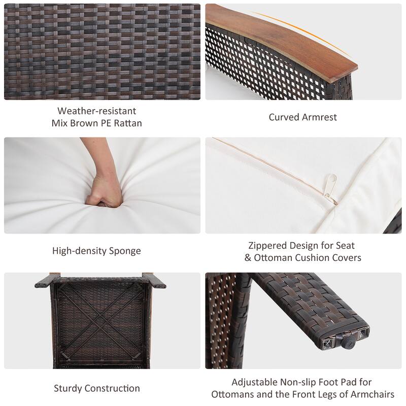 Costway 5PCS Patio Rattan Furniture Set Acacia Wood Table Armrest - 20''x 20''x 20''