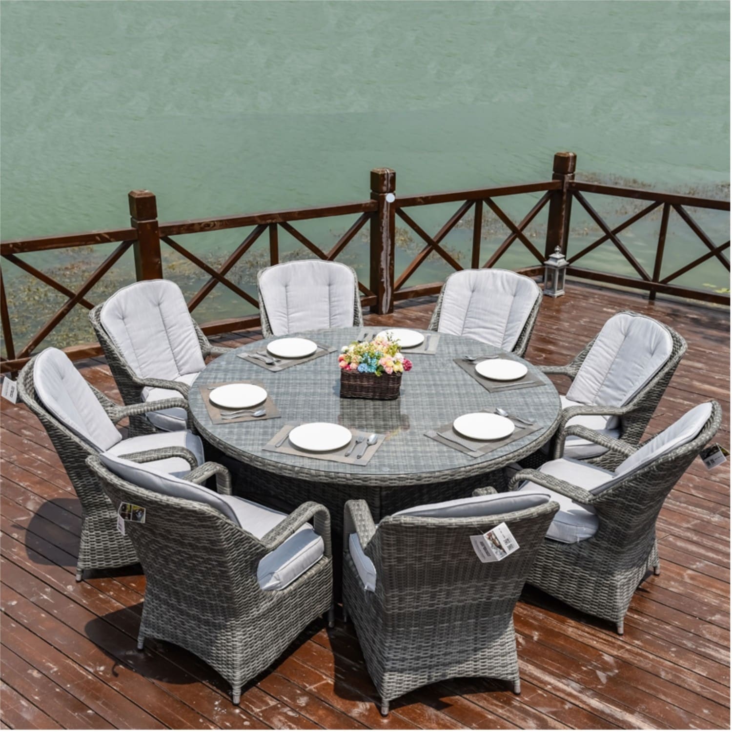 9-piece Outdoor Aluminum Rattan Dining Set with Round Tempered Glass Table and 8 Chairs