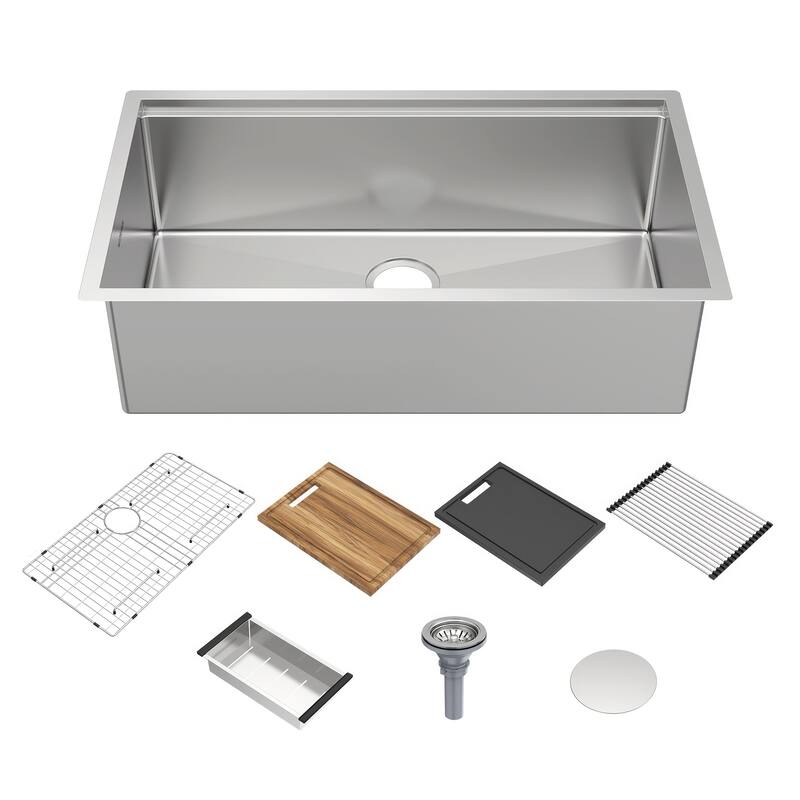 Whitehaus Undermount Single Bowl 16 Gauge Brushed Stainless Steel Workstation Sink With Accessories - 33 x 19