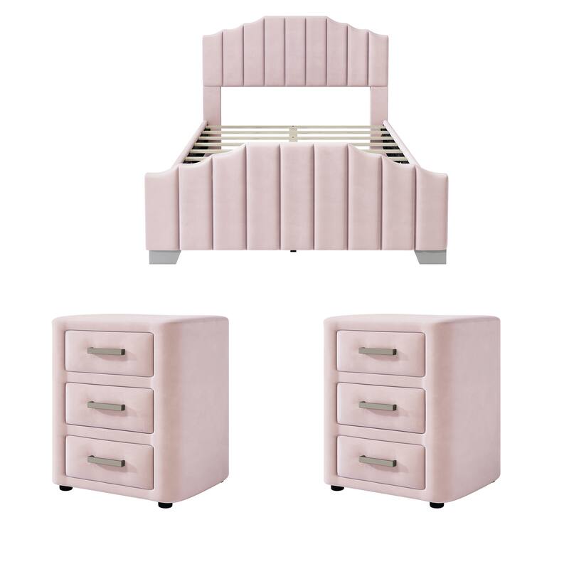 Velvet Upholstered Platform Bed Frame Vertical Channel Wingback Bed Tufted Headboard Footboard, Low Profile Panel Bed