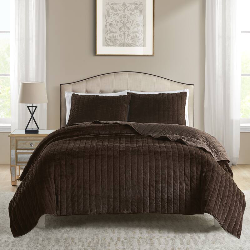 Beaute Solid Faux Fur Quilted Comforter Set,3-piece Reversible lightweight Shaggy Blanket Coverlet Bedding Set