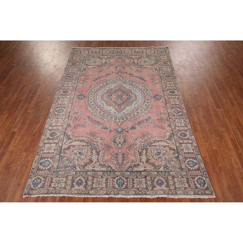 Pink Tabriz Vintage Persian Area Rug Hand-Knotted Wool Carpet - 6'8" x 9'9"