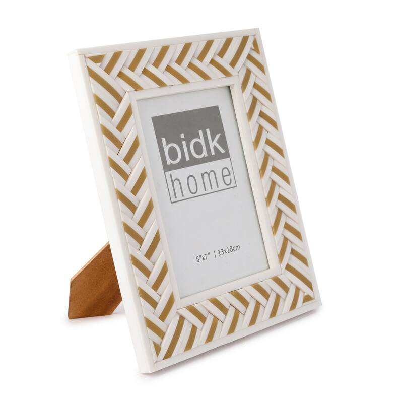 Rectangular Herringbone Picture Frame - for 5" x 7" Photo - White and Gold - 5-inchx7-inch