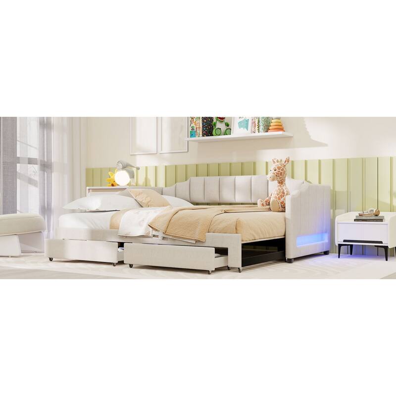 Roomfitters Twin XL Upholstered Daybed with LED Lights and 2 Storage Drawers, Extendable Pull-Out Sofa Bed Frame