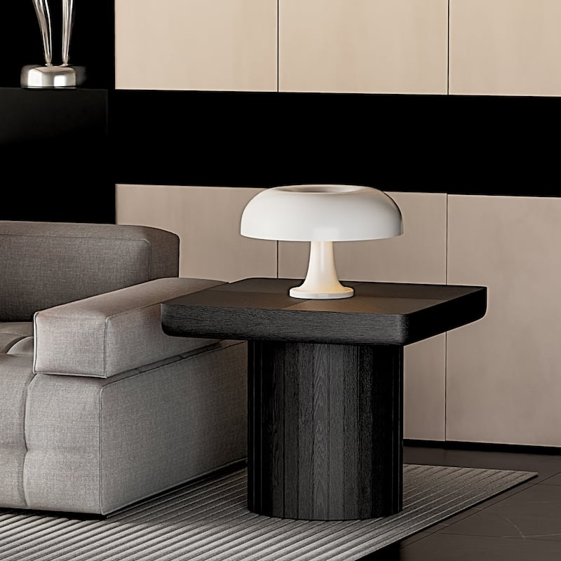 23.6"Modern Solid Wood Veneer End Table, Square Side Table with Parquet Pattern, Grooved Cylindrical Base & Thickened Tabletop