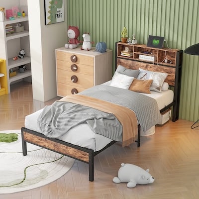 Twin Size Wood Platform Bed with Storage Headboard (2 USB/2 Outlets) and Bookcase Shelves and Under-Bed Storage