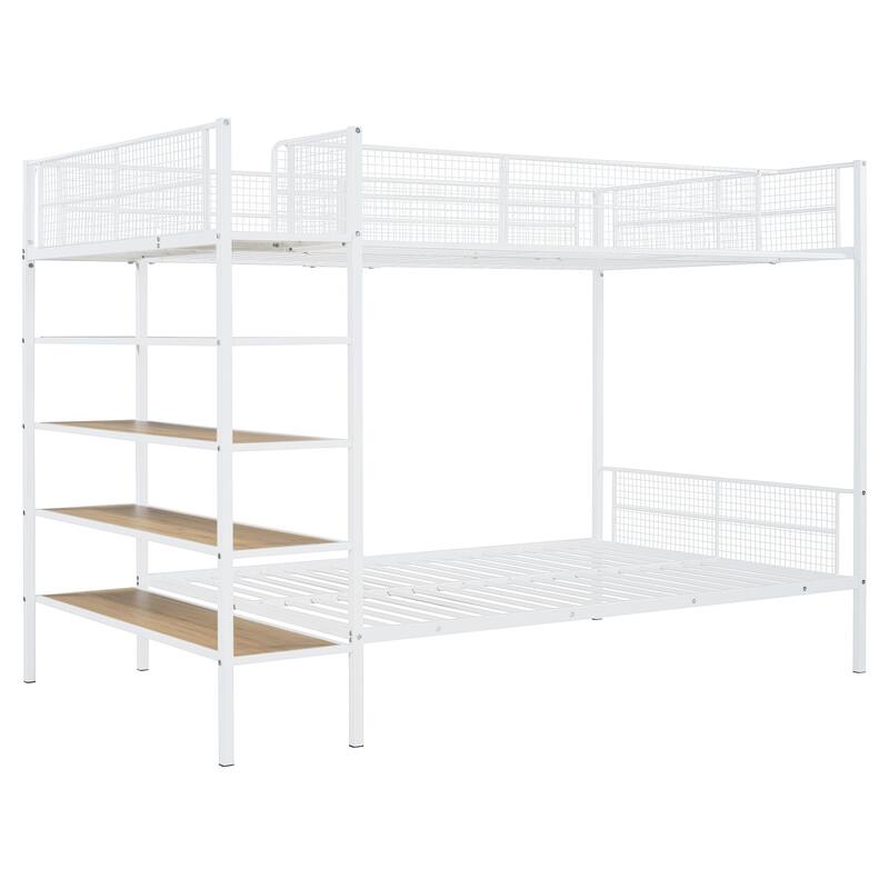 White Twin Over Full Metal Bunk Bed with 5-Tier Shelves
