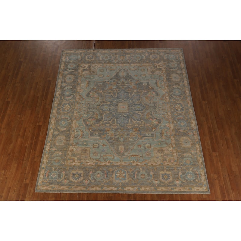 Hand Knotted Oriental 100% Wool Carpet Transitional Medallion Navy Blue & Blues Oushak Area Rug - 9' 9'' X 8' 3''