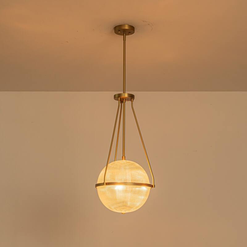 3-Light 13.78" Black/Gold Mid-Century Modern Grid Glass Globe Bubble Pendant Light - Brushed Brass