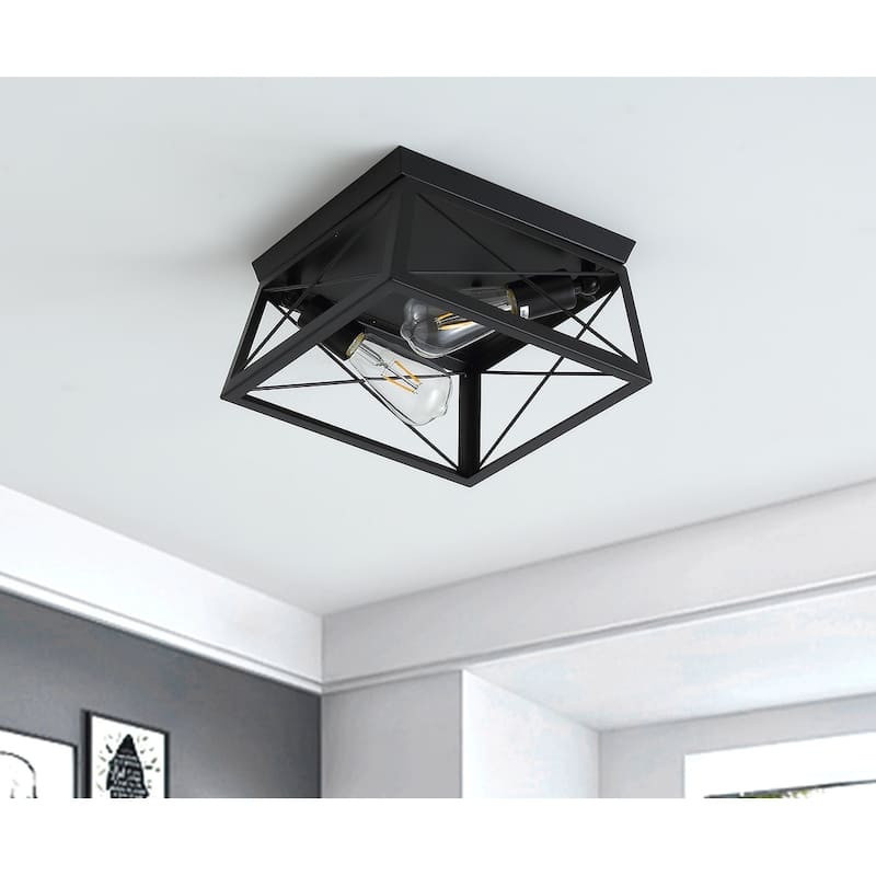 Industrial Black 2-Light Caged Flush Mount Ceiling Lamp