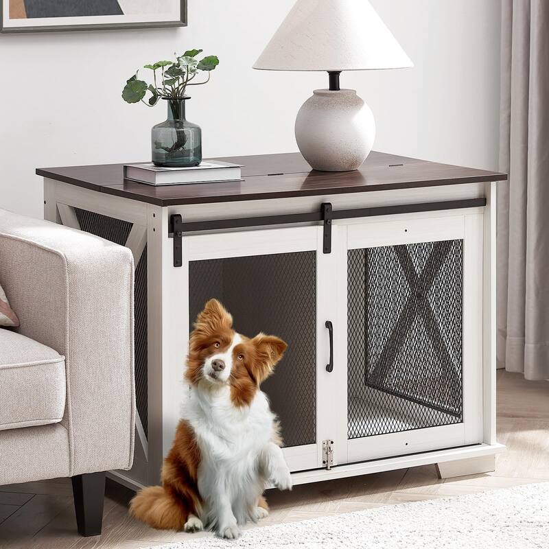 Farmhouse Dog Cage Crate Furniture with Sliding Barn Door, Wood Dog Kennel End Table, Flip-top Plate, Detachable Divide