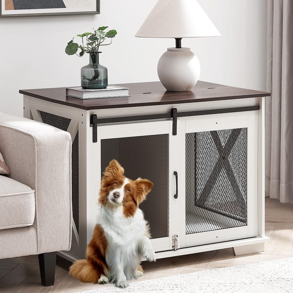 Farmhouse Dog Cage Crate Furniture with Sliding Barn Door, Wood Dog Kennel End Table, Flip-top Plate, Detachable Divide