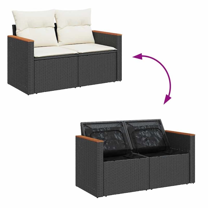 vidaXL Patio Sofa Set with Cushions Stool and Sofas 7 Piece Poly Rattan Acacia - 21.7 x 39.4 x 28.7 in