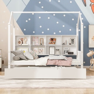 Kid-Friendly Design Twin Size House Bed Kids Bed With Trundle and Shelf ...