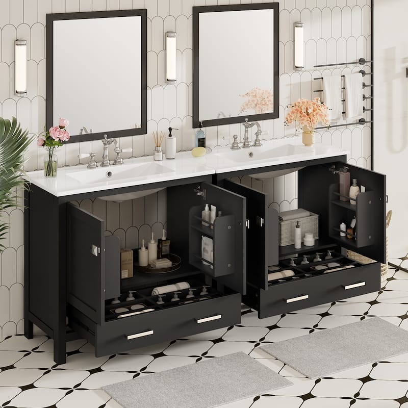 GDFStudio - Aurora Wood & Ceramic Bathroom Vanity Set with Sink and Divided Drawers - 72" - Black