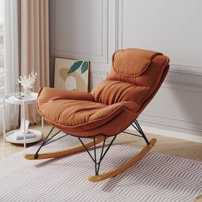 Brown Modern 43.3" Velvet High Back Rocking Chair with Detachable Seat Cushion and Natural Wood Frame