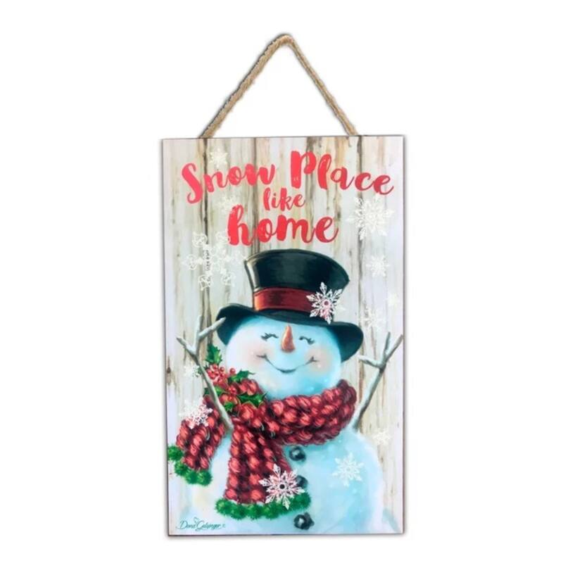 White Red Snowman Printed Christmas Wall Sign Rope Hanger 10" x 6"