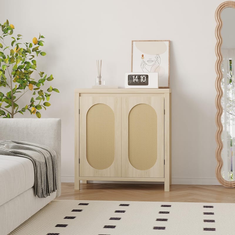 Rattan Storage Cabinet with PVC Woven Doors, Wooden Sideboard Buffet, with Adjustable Shelf, Multifunctional Cupboard