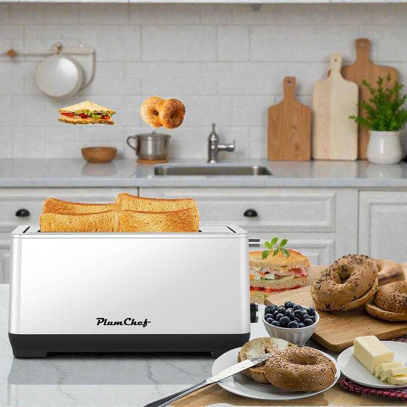4 Slice Extra Wide Long Slot Toaster, Stainless Steel 1500W Toaster with Bagel Defrost Reheat, 6 Shade